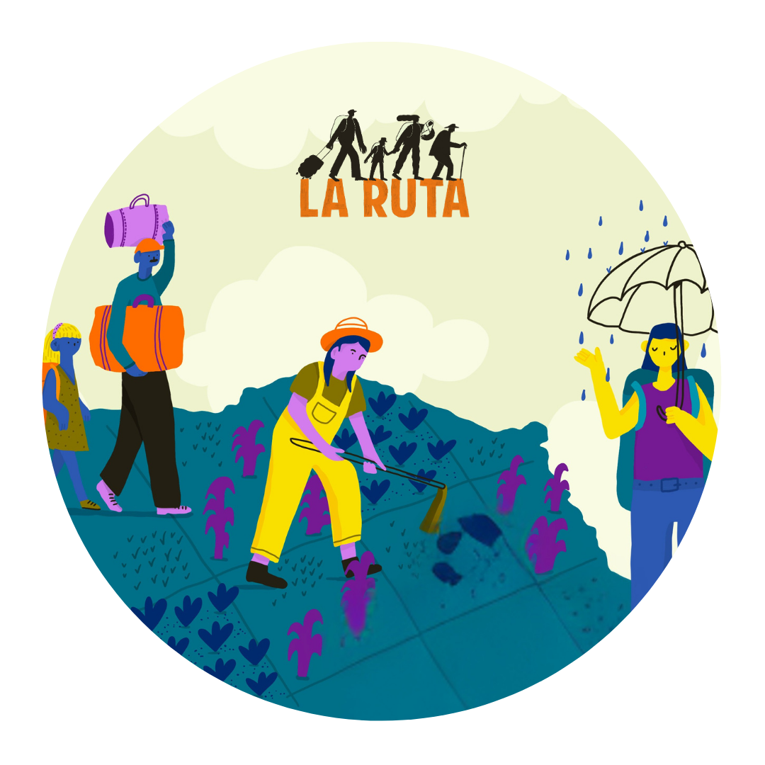 Ilustración con el logo del podcast La Ruta y algunas personas en movilidad: caminando con equipaje, cultivando, y con una sombrilla bajo la lluvia.